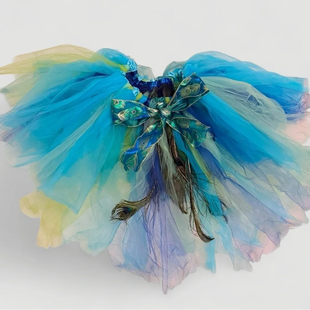 Handmade Peacock Costume Tulle Tutu Skirt and Fascinator – Girls Size 7 Dress-Up